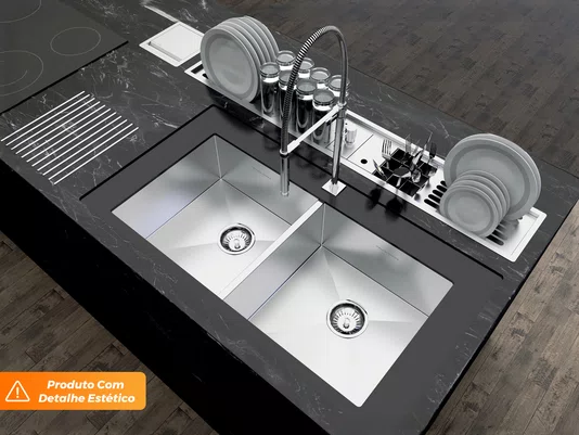 Pia Dupla Inox Escovado 84cm Para Cozinha Gourmet Com Válvulas De 4.1/2 (Outlet)