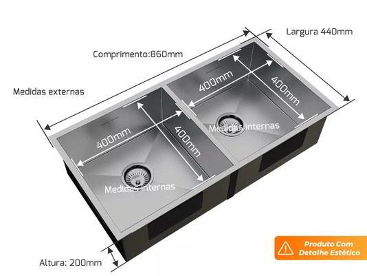 Pia Dupla Inox Escovado 84cm Para Cozinha Gourmet Com Válvulas De 4.1/2 (Outlet)