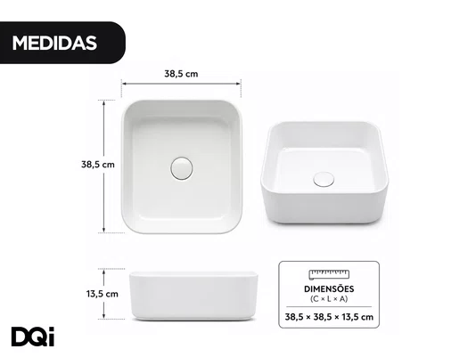 Cuba de Sobrepor para Banheiro Cerâmica Branca Quadrada 38x38