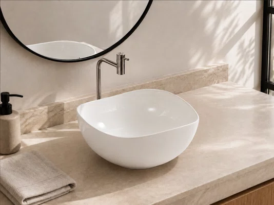 Cuba Pia de Apoio Orgânica para Banheiro e Lavabo em Cerâmica Branca 38x38cm