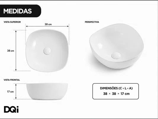 Cuba Pia de Apoio Orgânica para Banheiro e Lavabo em Cerâmica Branca 38x38cm