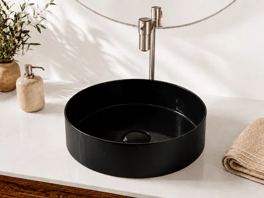 Cuba Pia Sobrepor Redonda para Banheiro Lavabo Cerâmica Preta 36x36cm