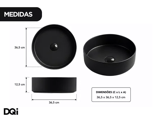 Cuba Pia Sobrepor Redonda para Banheiro Lavabo Cerâmica Preta 36x36cm