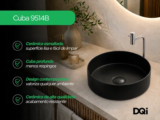 Cuba Pia Sobrepor Redonda para Banheiro Lavabo Cerâmica Preta 36x36cm