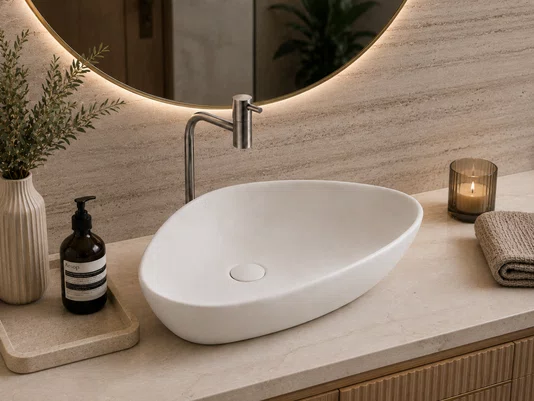 Cuba de Apoio para Banheiro Lavabo Design Oval Branco Fosco 59x39cm
