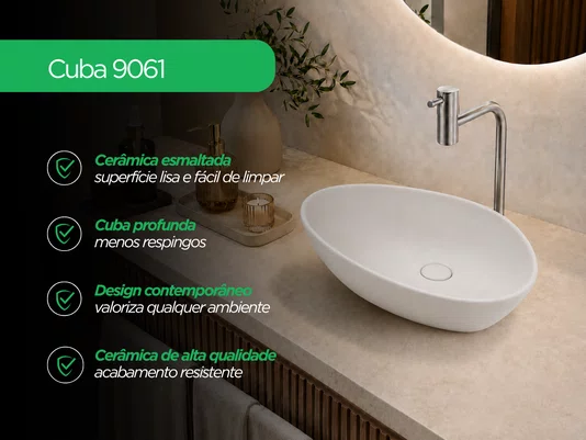 Cuba de Apoio para Banheiro Lavabo Design Oval Branco Fosco 59x39cm