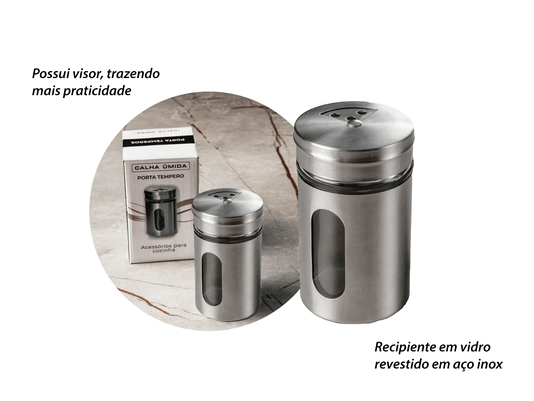 Porta Tempero e Condimentos Revestido Em Aço Inox Com Visor de Vidro (3 Un)