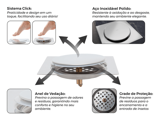 Ralo Quadrado Embutido Click Inteligente Em Aço Inox Polido 15x15cm
