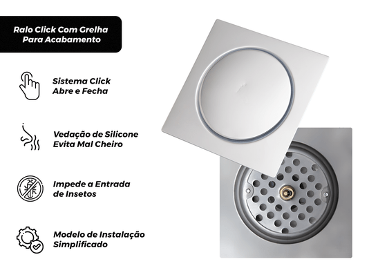 Ralo Quadrado Embutido Click Inteligente Em Aço Inox Polido 15x15cm