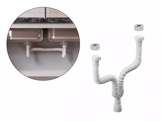 Sifão Sanfonado Universal Branco Duplo Longo 86cm para Cuba Dupla e Escorredor