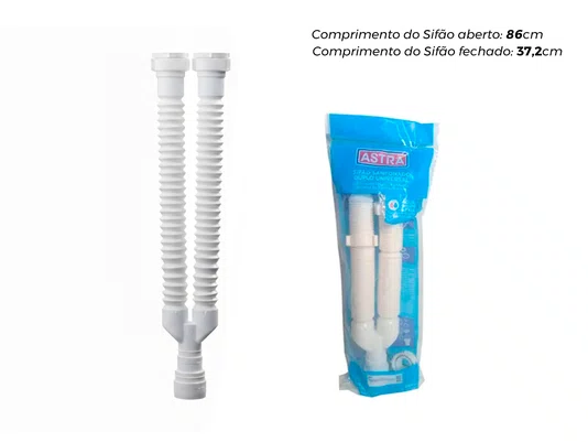 Sifão Sanfonado Universal Branco Duplo Longo 86cm para Cuba Dupla e Escorredor