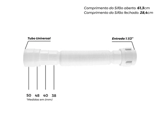 Sifão Universal Curto 61cm Ajustável Branco Para Pia Cuba e Lavatório