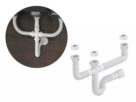 Sifão Triplo Sanfonado 58CM Universal Branco Para Cuba Dupla Com Escorredor Embutido