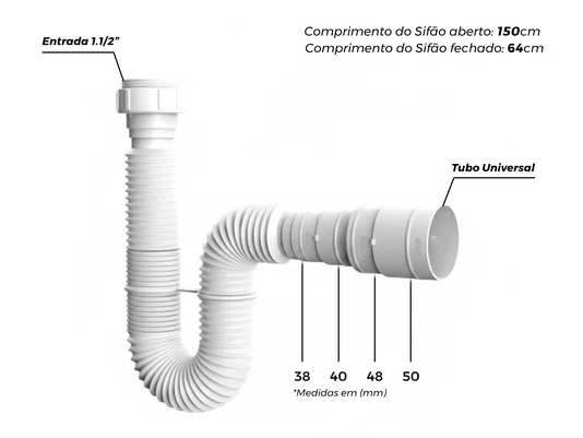 Sifão Sanfonado Universal Super de 59 a 157cm de Comprimento Branco Flexível Para Pia Lavatório e Cuba