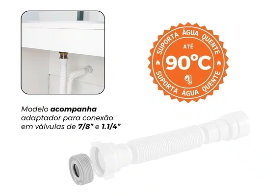 Sifão Sanfonado Universal Super de 59 a 157cm de Comprimento Branco Flexível Para Pia Lavatório e Cuba
