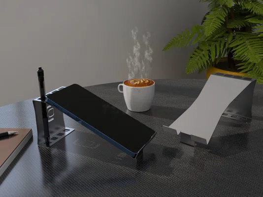 Suporte Para Celular/Tablet Com Porta Caneta Em Aço Inox Escovado