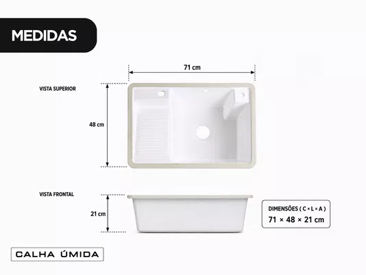 Tanque Cerâmico para Lavanderia com Torneira Extensível Branco 71x48cm