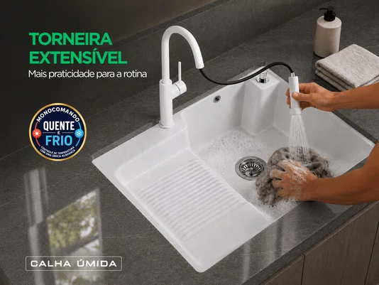 Tanque Cerâmico para Lavanderia com Torneira Extensível Branco 71x48cm