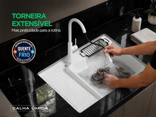 Tanque para Lavanderia em Cerâmica Branco 56x46cm com Torneira Extensível e Acessório