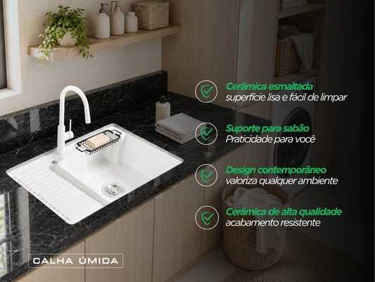 Tanque para Lavanderia em Cerâmica Branco 56x46cm com Torneira Extensível e Acessório