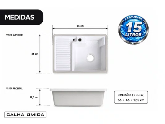 Tanque para Lavanderia em Cerâmica Branco 56x46cm com Torneira Extensível e Acessório