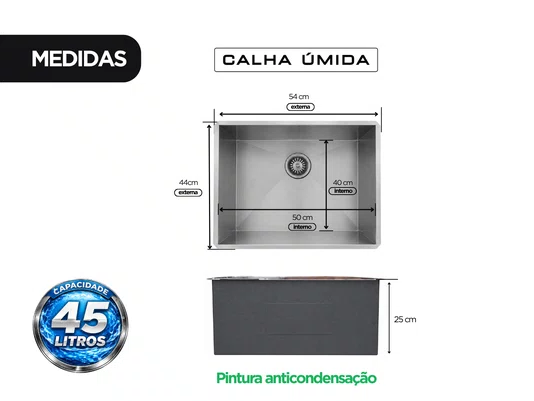 Tanque de Embutir Inox 45 Litros Pro para Lavanderia 50x40cm