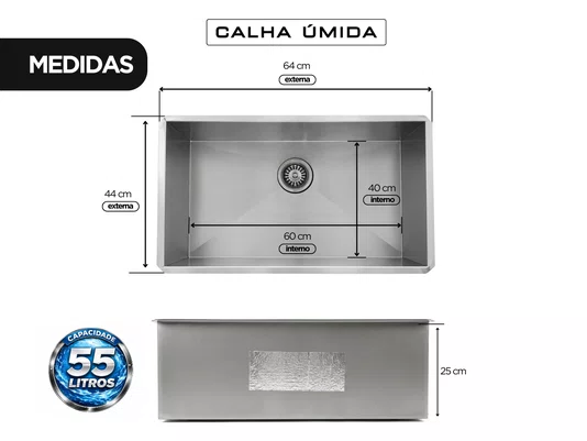 Tanque de Embutir Inox 55 Litros Pro para Lavanderia 60x40cm