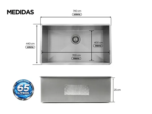 Tanque de Embutir Inox 65 Litros Pro para Lavanderia 70x40cm