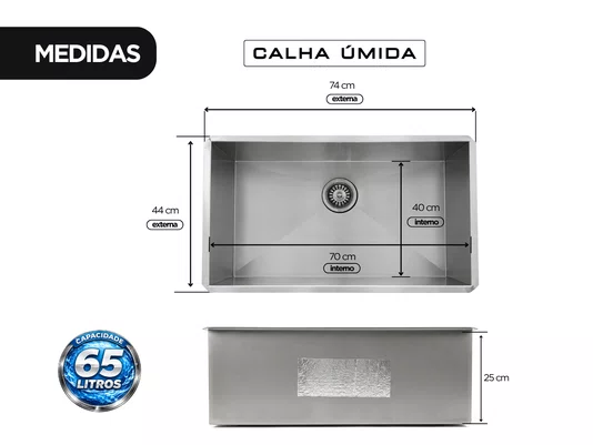 Tanque de Embutir Inox 65 Litros Pro para Lavanderia 70x40cm