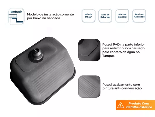 Tanque Monobloco Inox Acetinado 55x45cm Para Lavanderia Com Válvula De 3.1/2 (Outlet)