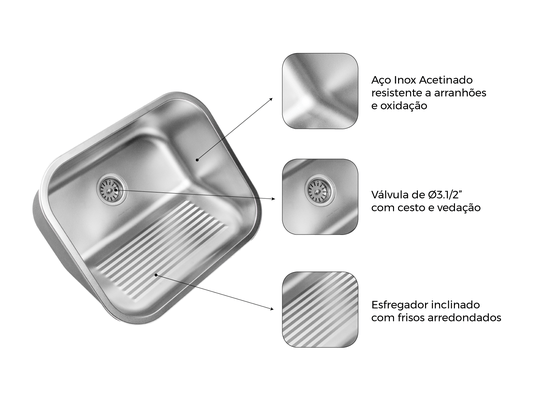 Tanque Monobloco Inox Acetinado 55x45cm Com Válvula De 3.1/2