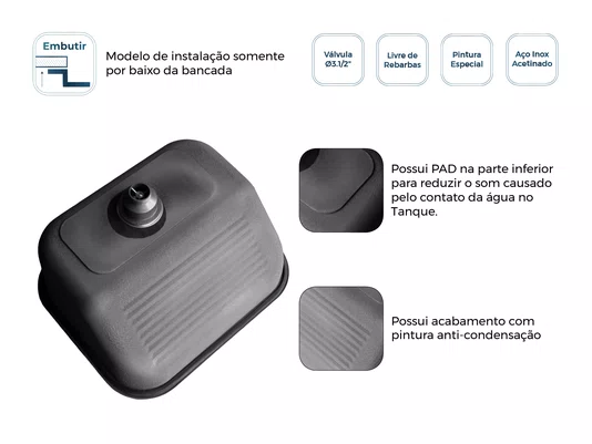 Tanque Inox Lavanderia 43x37 Monobloco Acetinado Com Válvula 3.1/2