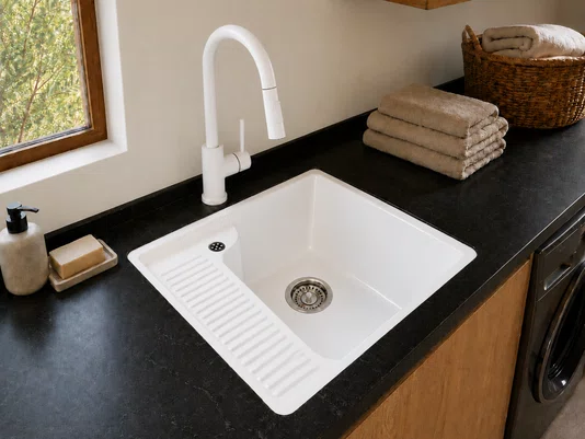Tanque para Lavanderia em Cerâmica Branco com Torneira Extensível 44x42cm