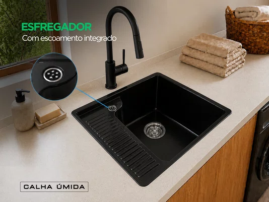 Tanque para Lavanderia em Cerâmica Preto com Torneira Extensível Preta 44x42cm