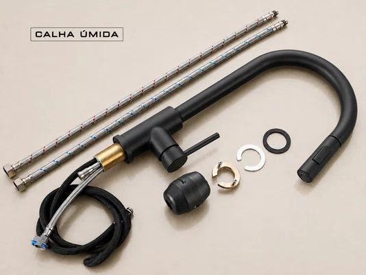 Tanque para Lavanderia em Cerâmica Preto com Torneira Extensível Preta 44x42cm