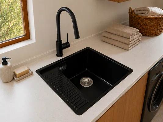 Tanque para Lavanderia em Cerâmica Preto com Torneira Extensível Preta 44x42cm