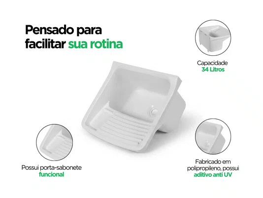 Tanque Plástico Branco 34 Litros para Lavanderia 55x47cm