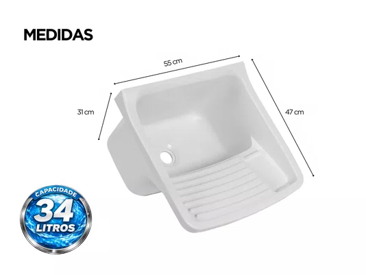 Tanque Plástico Branco 34 Litros para Lavanderia 55x47cm