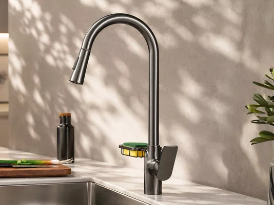 Torneira Monocomando Titânio Concept Extensível Com Porta Esponja Para Cozinha