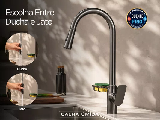 Torneira Monocomando Titânio Concept Extensível Com Porta Esponja Para Cozinha