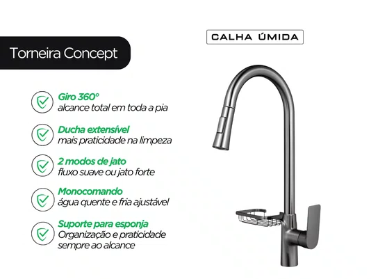 Torneira Monocomando Titânio Concept Extensível Com Porta Esponja Para Cozinha