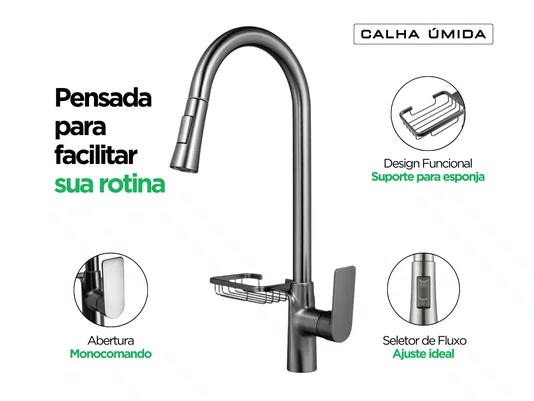 Torneira Monocomando Titânio Concept Extensível Com Porta Esponja Para Cozinha