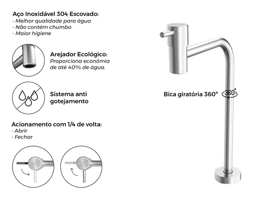 Torneira Basic De Bancada Com Bica Alta Para Banheiro e Lavanderia 1/4 De Volta