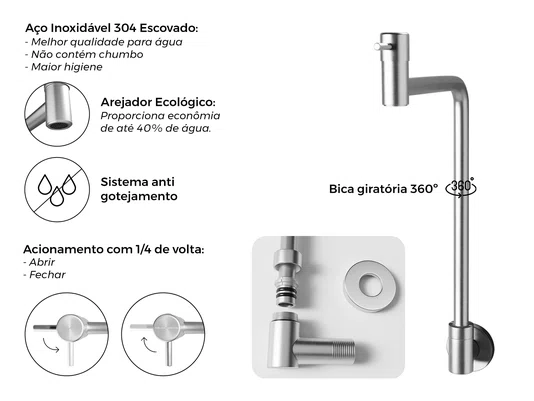 Torneira Basic De Parede Com Bica Alta Para Banheiro e Lavanderia 1/4 De Volta