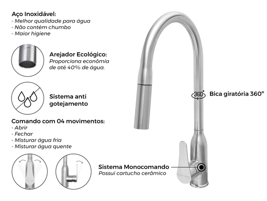 Torneira Monocomando Versatile Extensível Em Aço Inox 304 Escovado Bica Giratória e Arejador