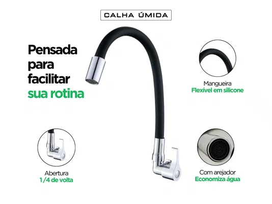 Torneira DQI de Parede Com Bica Flexível e Arejador Para Cozinha Área de Serviço Lavabo