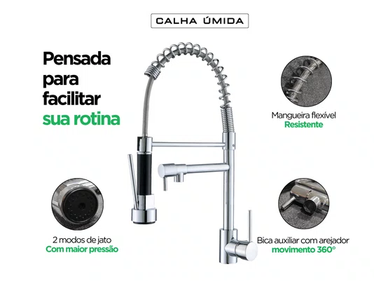 Torneira Gourmet Spring Flex Para Cozinha Cromada Monocomando