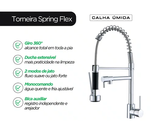 Torneira Gourmet Spring Flex Para Cozinha Cromada Monocomando