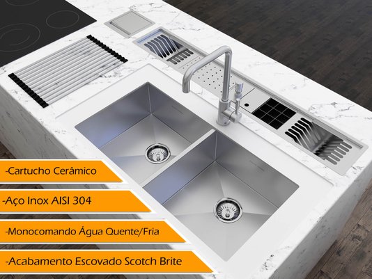 Torneira Monocomando Kitchen Em Aço Inox Escovado Com Bica Giratória e Arejador