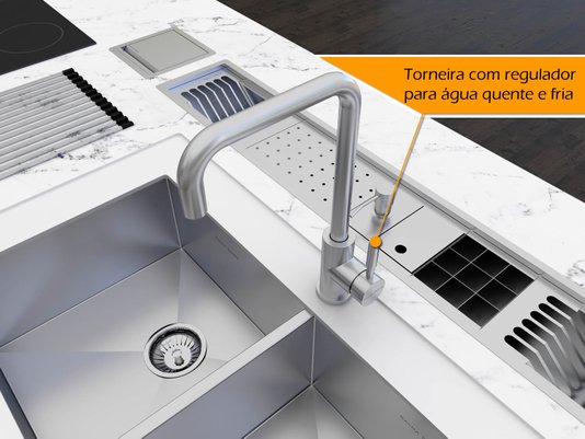 Torneira Monocomando Kitchen Em Aço Inox Escovado Com Bica Giratória e Arejador